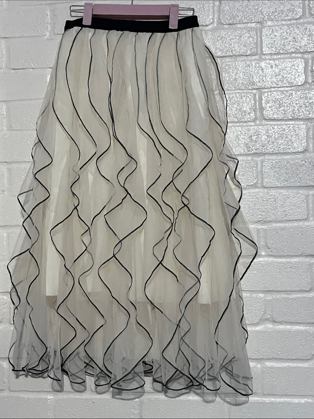 Ivory Maxi Skirt with Black Wave Trim